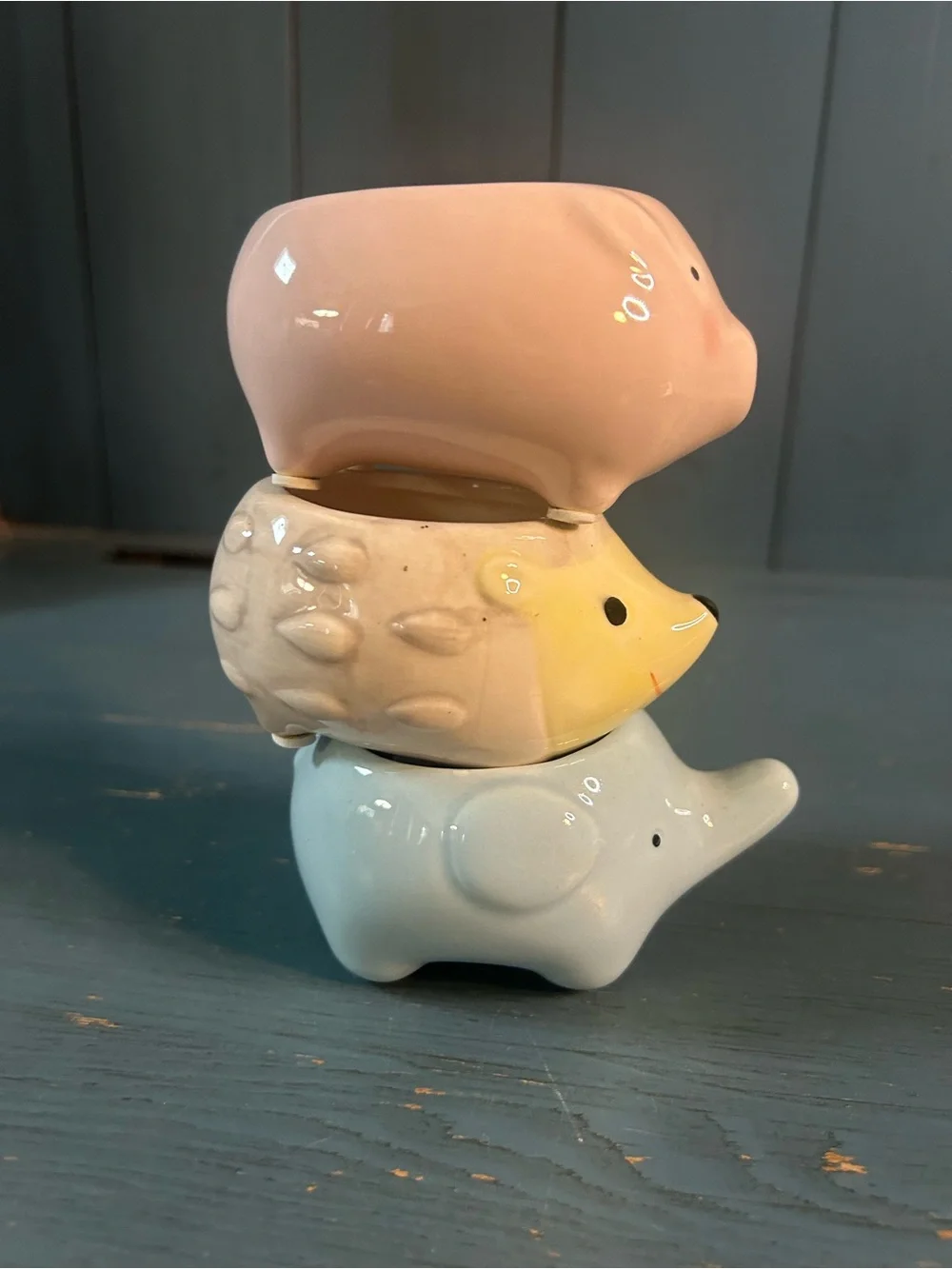 Pastel Animal Ceramic Mini Planter Set - Pink Pig, Yellow Hedgehog, & Blue Elep